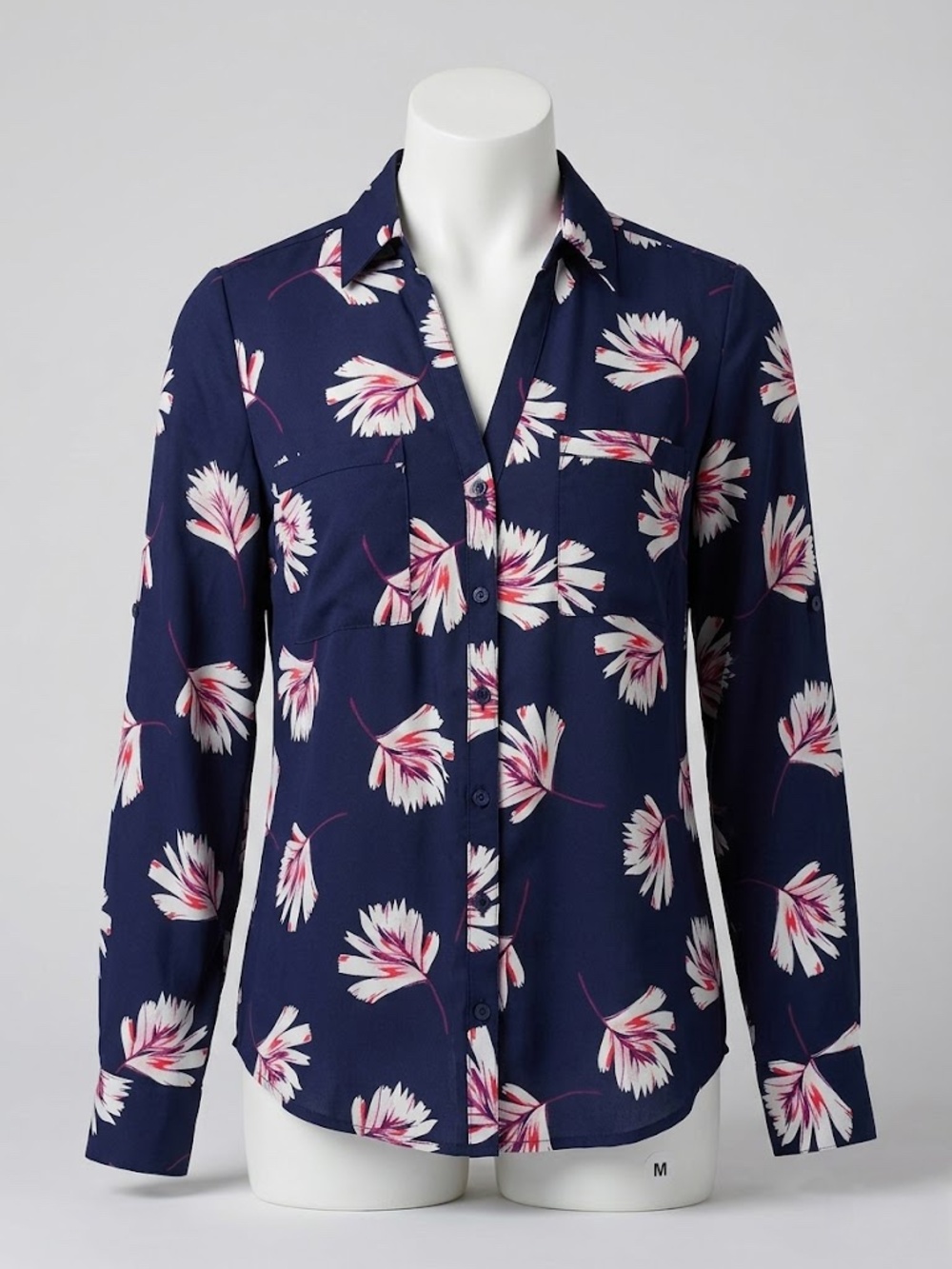 Express Portofino Floral Button Front Blouse Medium Navy Office Chic Top